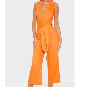Bright Orange Blazer Style Tie Waist Jumpsuit
